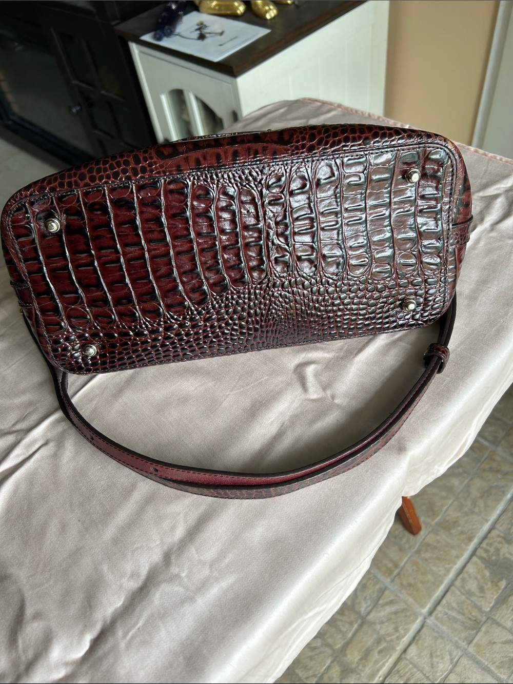 Brahmin Burgundy Leather Satchel with Croc-Embossed Trim - Picture 2 of 16